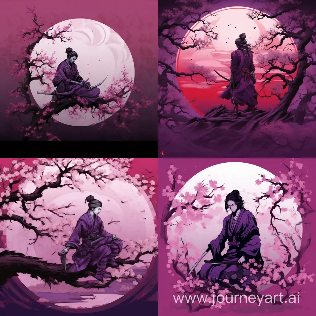 Samurai on a purple background among sakura

