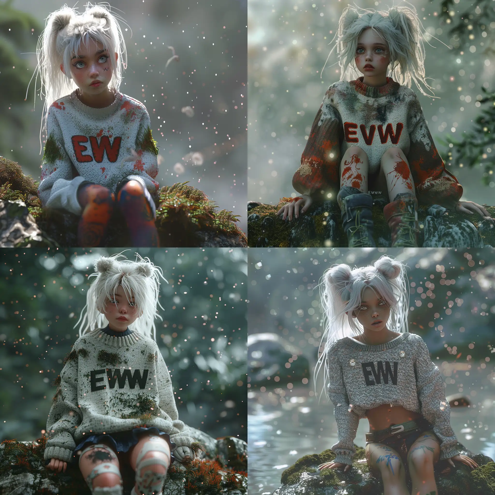 Surreal-Portrait-of-a-Stylish-Girl-with-White-Hair-on-MossCovered-Rock