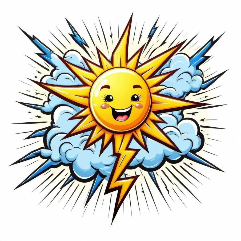 Cheerful Sunshine and Playful Lightning in Whimsical Cartoon Drawing
