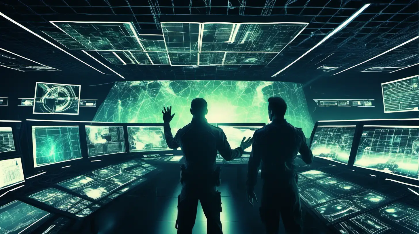 /imagine Visualize the control room with futuristic holographic displays and emergency lighting. Focus on Tech Officer Jason, who is visibly distressed and panicking. Show him gesturing towards a holographic display indicating the off-the-charts energy surge in sector Epsilon-9. Use dynamic lighting and intense visual effects to convey the urgency and chaos of the situation. sideview --ar 16:9



