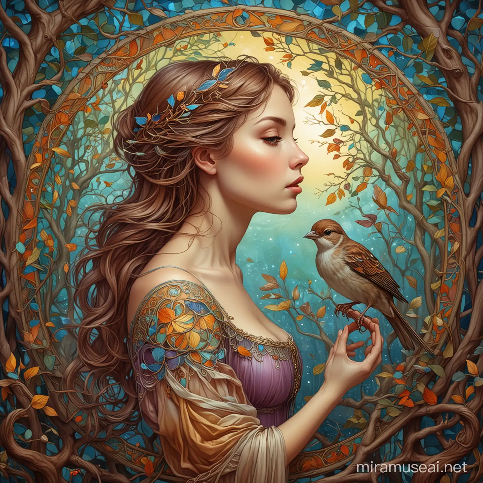 art nouveau style, sparrow, young haunting woman, tree of life, colorful, mystical world