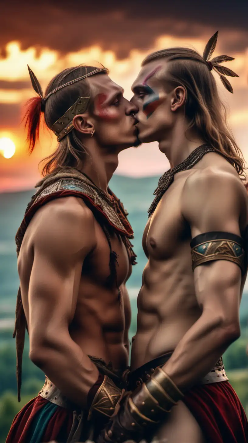 two young half naked male slavic warriors kissing and overlooking a wide archaic battlefield, colorful sunset clouds big mountains vivid uhd 8k very atmospheric Nikkon professional photography half naked slavic warriors showing wild love to each other extremely photorealistic high detailed sharp focus intricate romantic cinematic 