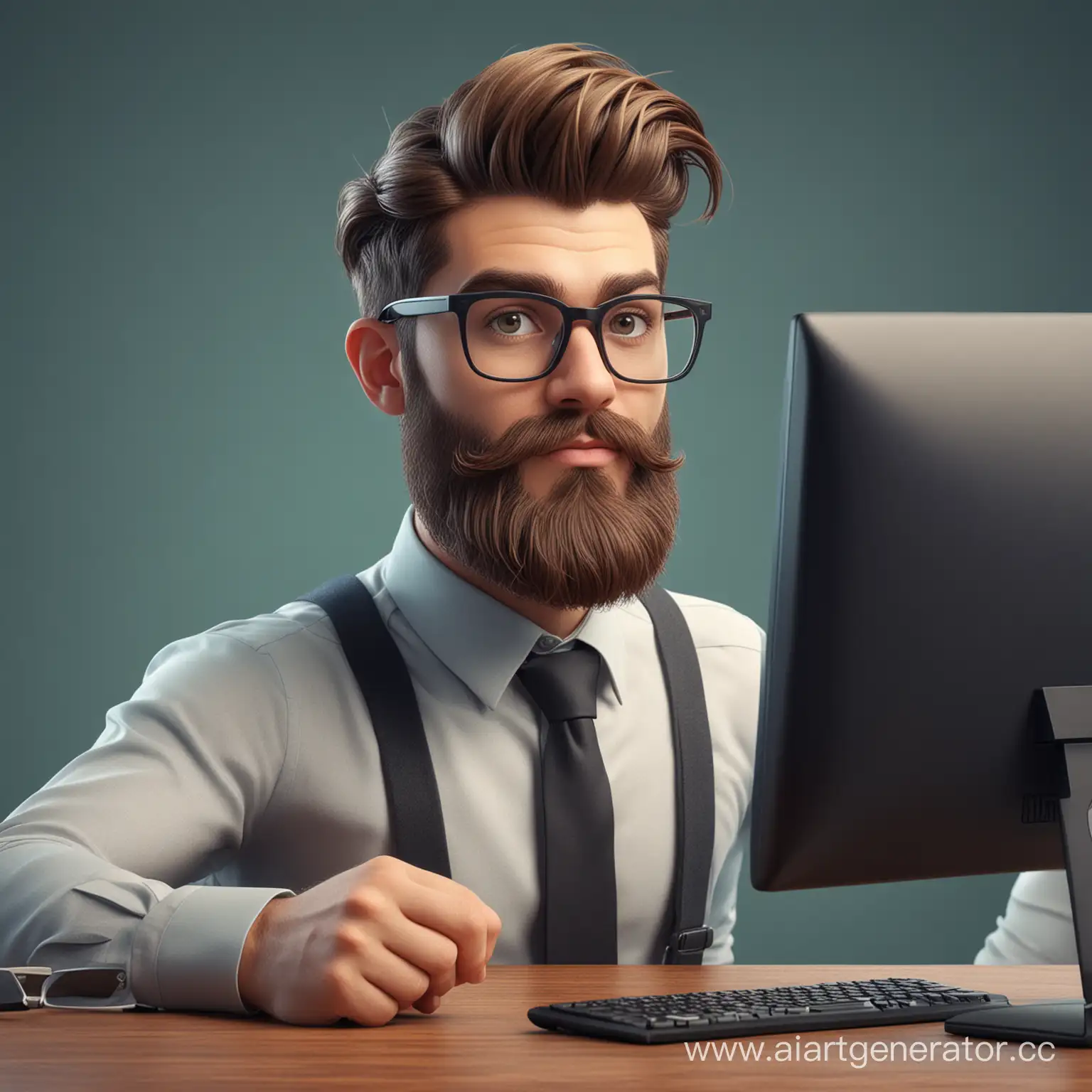 3D-иллюстрация хипстера-бизнесмена с очками и бородой за компьютером
