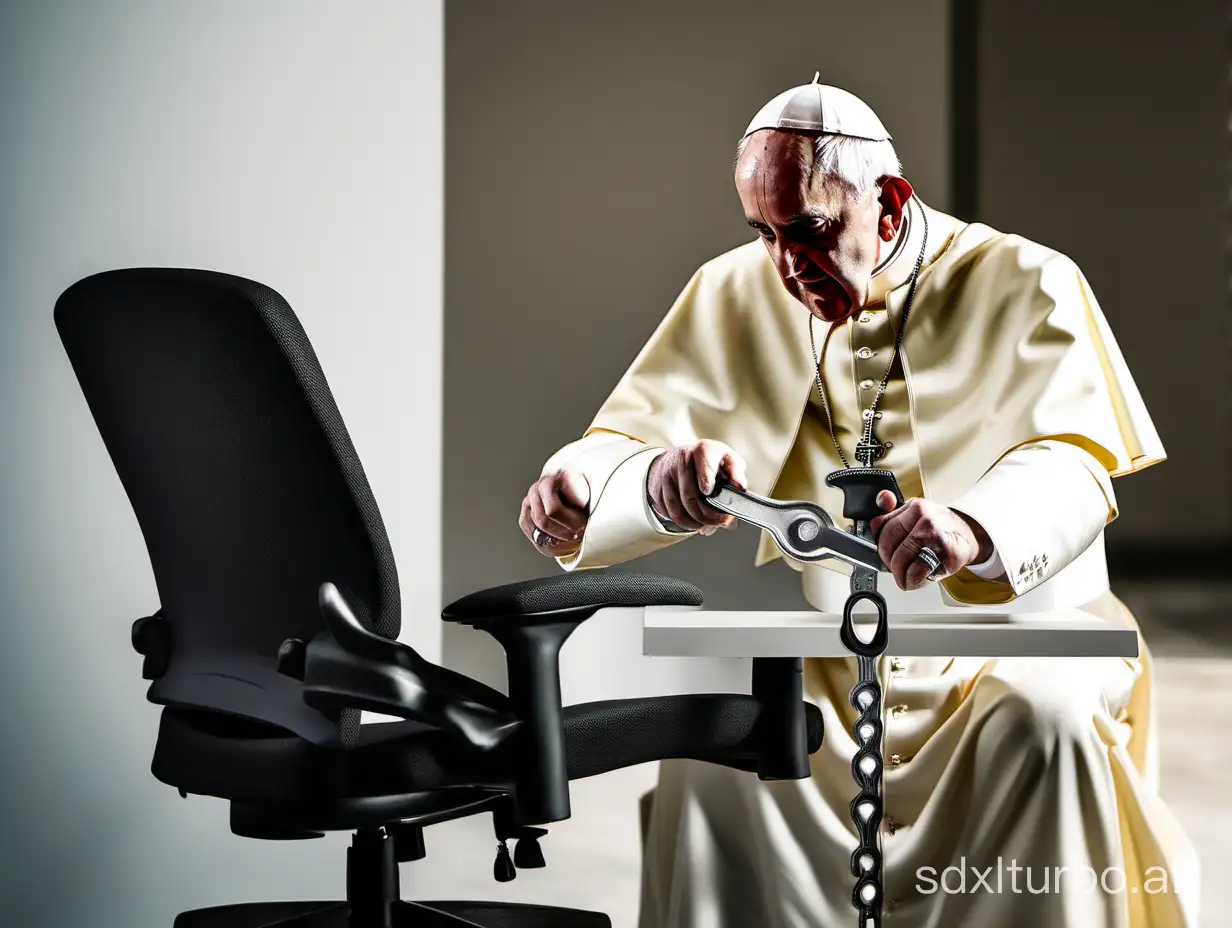 pope adjusting office chair with wrench, foto+, 8k