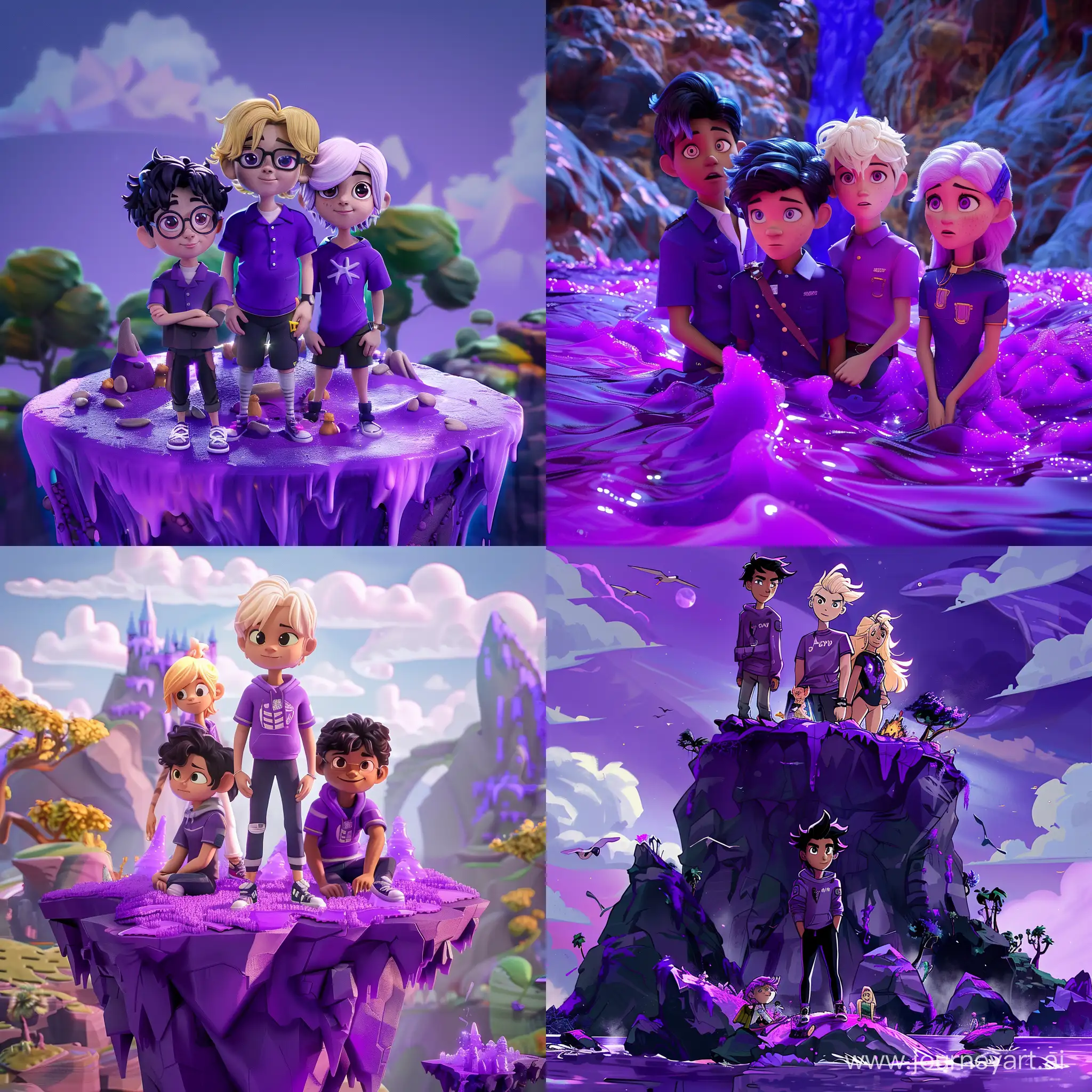 purple island, everything is purple, purple theme, mysterious, teenagers, teens, two black haired boys, one blonde haired boy, one blonde haired girl, one black haired girl, animated style