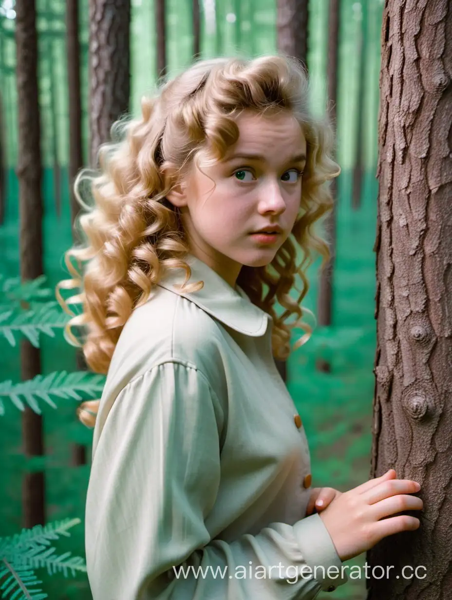девушка, блондинка, кудрявая, крупные локоны, лет 18-ти, в тайге между деревьями стоит, настороженно прислушивается к звукам, она чего-то боится, 50-е годы, 20 век