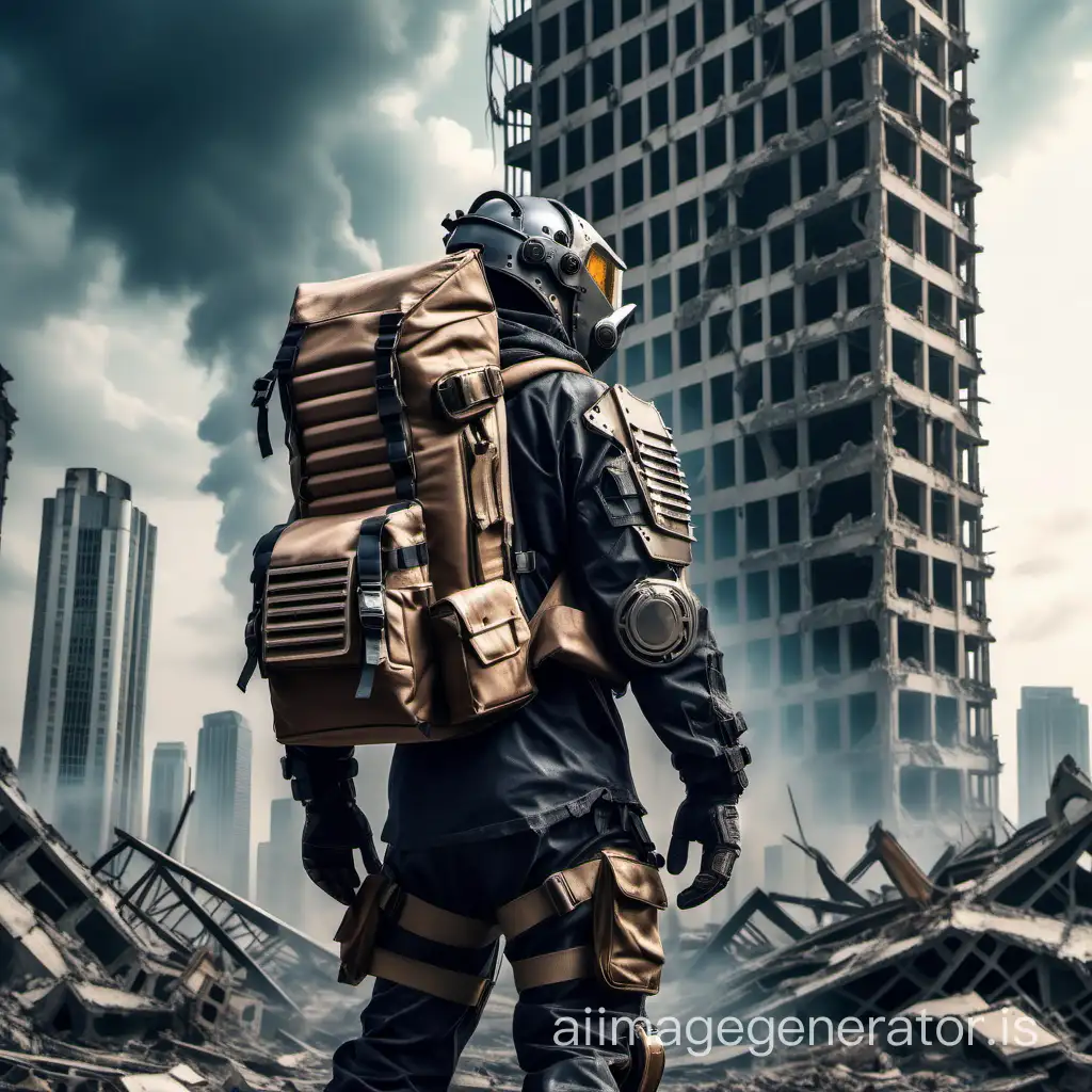 A person in a modern armored suit with a backpack in hand in a post-apocalyptic world against the backdrop of the ruins of a skyscraper