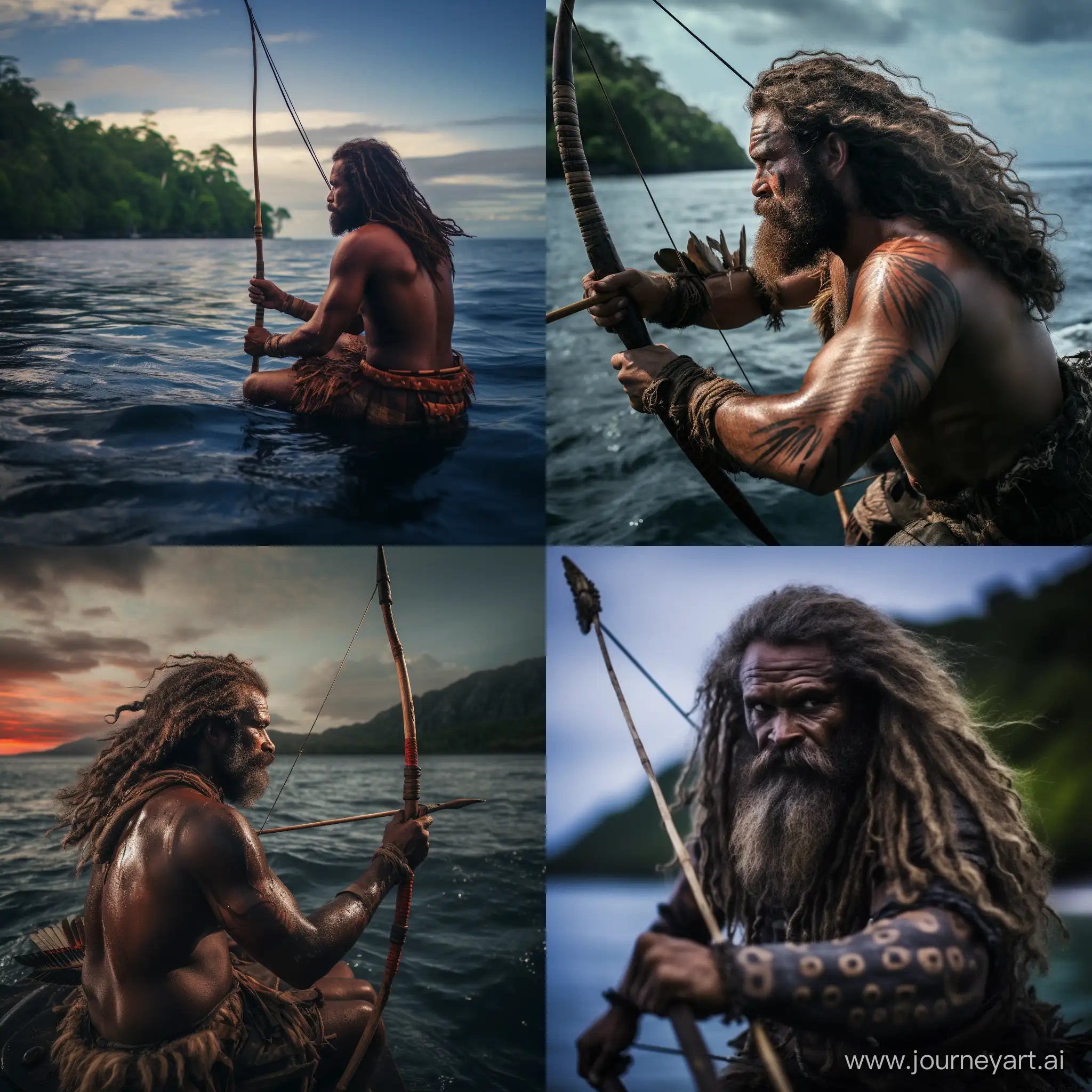 Cinematic image of a man in vanuatu with his bow arrow hunting in the sea