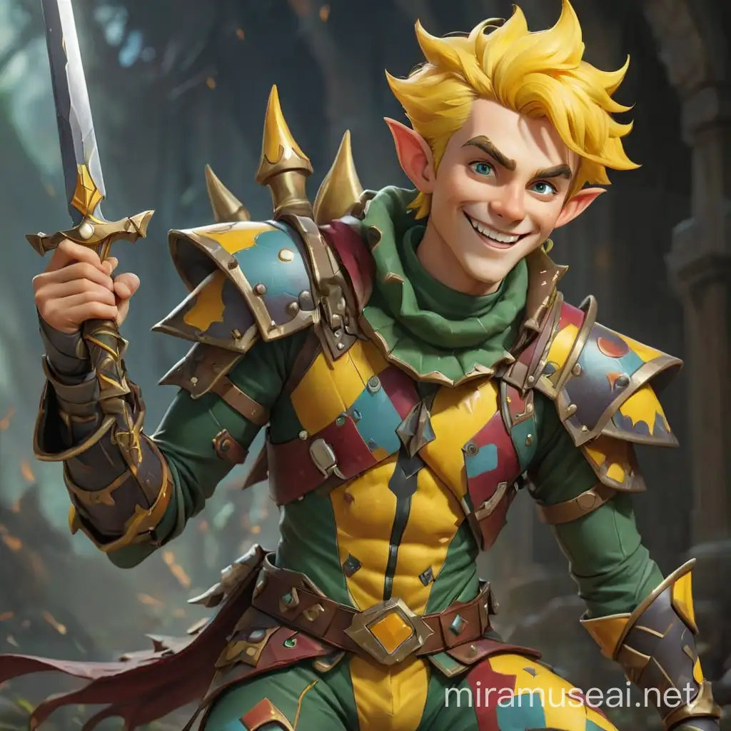 эльф-мужчина в боевом костюме арлекина, жёлтые волосы, улыбка, в руке костяной кинжал 