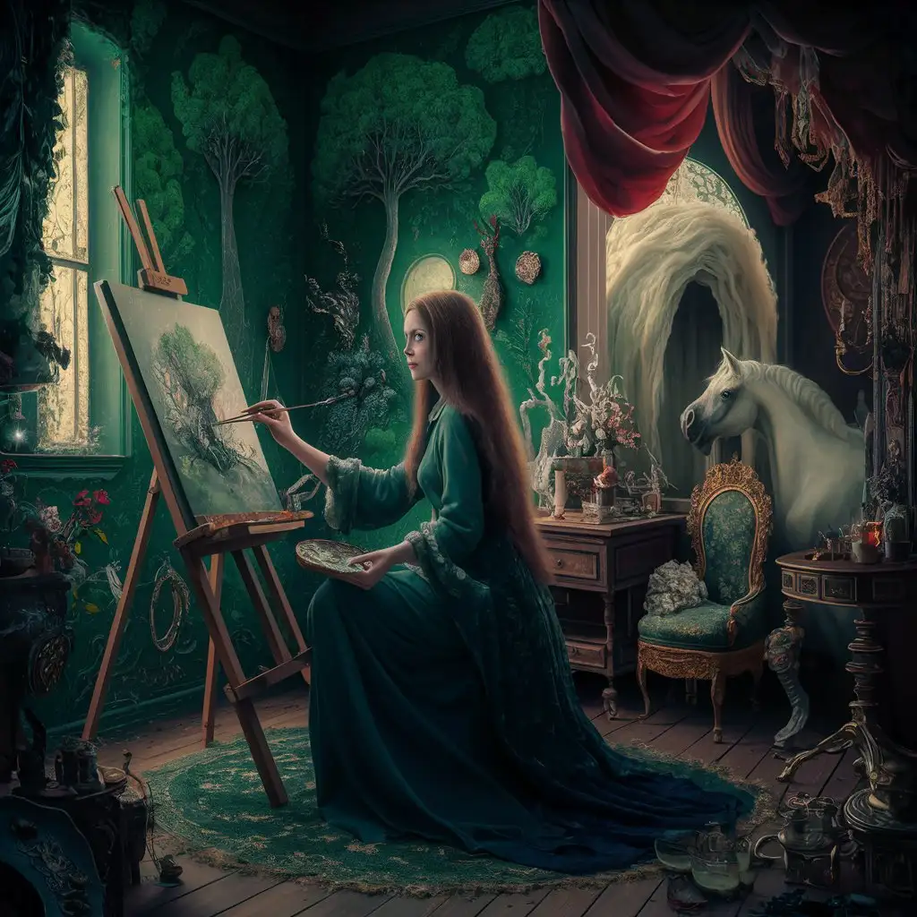 Surrealist oil painting, Leonora Carrington, a mystic woman with long brown hair is painting at her easel in the middle of a dark room, the walls are covered with green chinoiserie wallpaper full of trees, furnitures are old, a white horse. weird and antique, magic, witchcraft, ghosts, high quality, 8k, LSD DMT, trending on artstation, perfect composition, beautiful detailed intricate insanely detailed, artistic, concept art, soft natural volumetric cinematic perfect light, chiaroscuro, award - winning, masterpiece, oil on canvas, raphael, caravaggio, greg rutkowski, beeple, beksinski, giger, Jacob Lawrence and Francis Picabia
