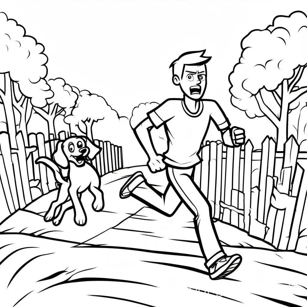 The angry man running to catch his dog, Coloring Page, black and white, line art, white background, Simplicity, Ample White Space. The background of the coloring page is plain white to make it easy for young children to color within the lines. The outlines of all the subjects are easy to distinguish, making it simple for kids to color without too much difficulty