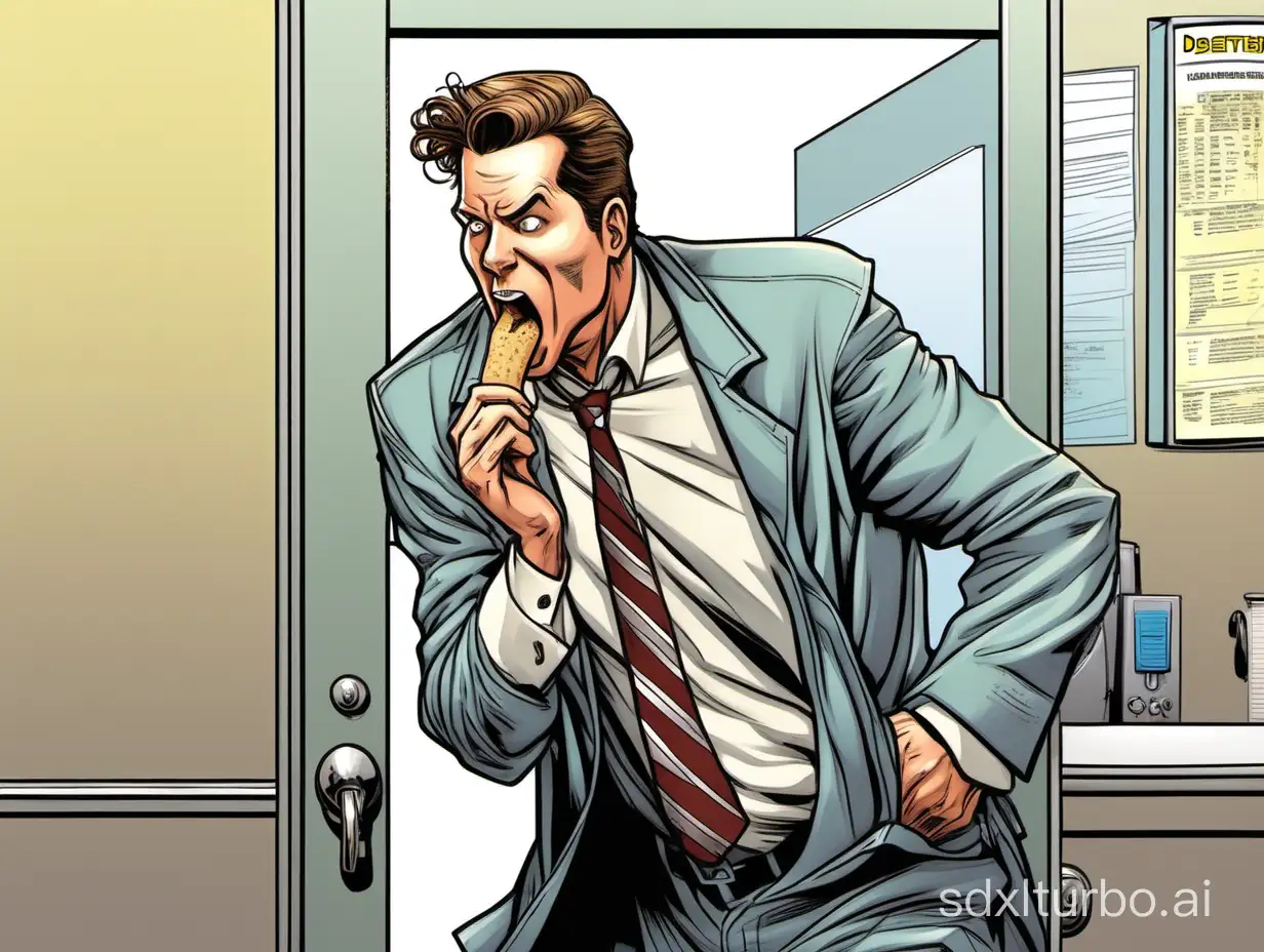 white guy Detective Smith taking a bite while exiting break room ,comic character