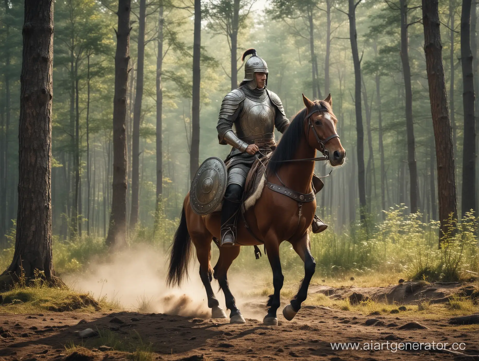 Valiant-Warrior-Riding-Steed-with-Shield-in-a-Majestic-Forest