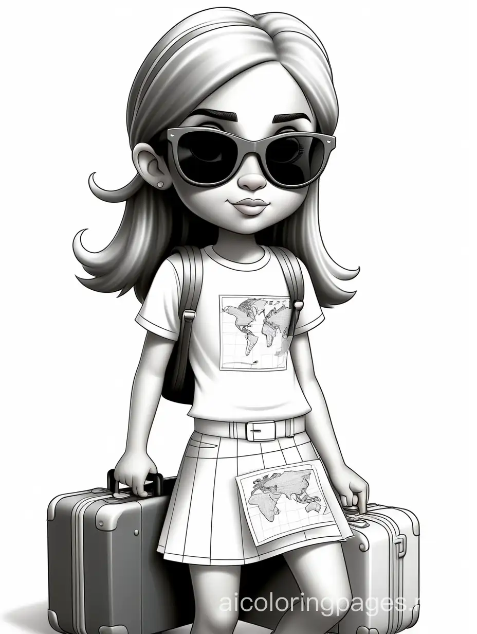 a girl wearing a  skirt, a  t-shirt and sunglasses with a suitcase, a ticket, a map and a flag in her hands, Coloring Page, black and white, line art, white background, Simplicity, Ample White Space. The background of the coloring page is plain white to make it easy for young children to color within the lines. The outlines of all the subjects are easy to distinguish, making it simple for kids to color without too much difficulty