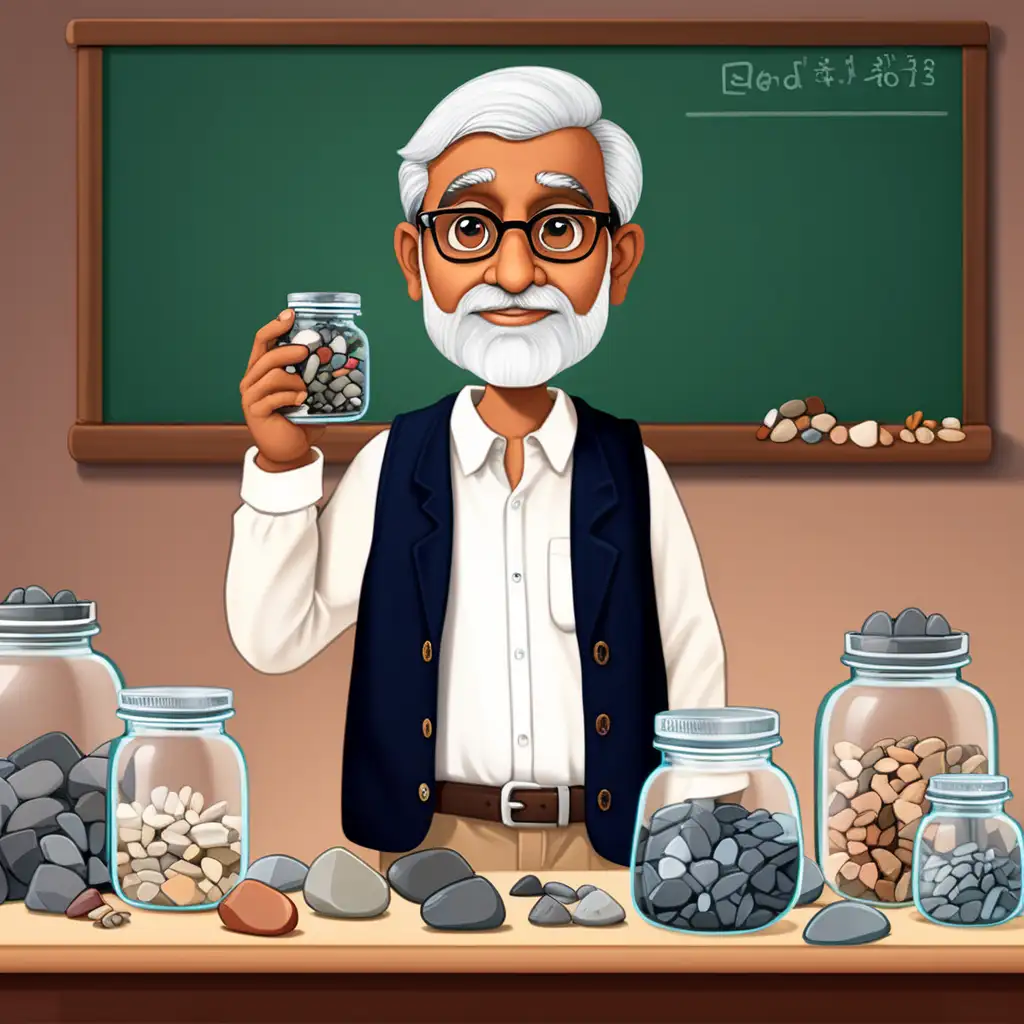Create a 2D illustrator of an animated character of a average weighed indian philosophy professor stood before his class with some items placed on the table and holding a glass jar filled with rocks and pebbles. The background image should have a classroom board with some notes on it.