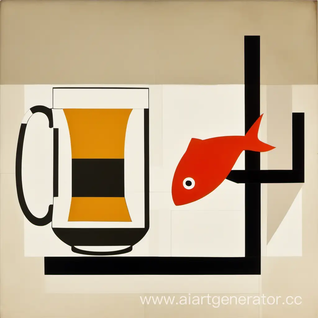 Minimalist-Suprematist-Still-Life-Large-Mug-of-Beer-and-Fish