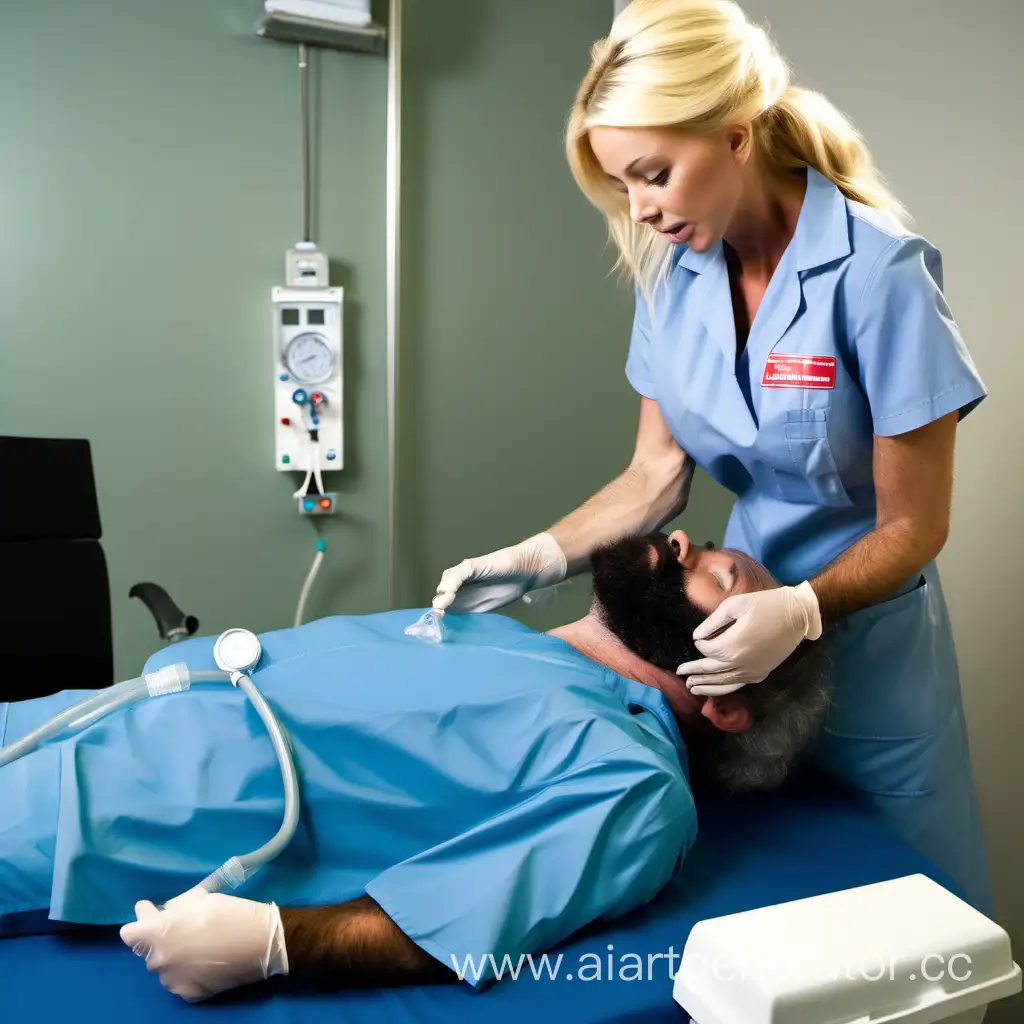 Hairy chested man receiving CPR from Blonde nurse