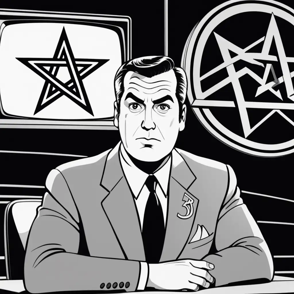 a front view of a TV newscaster with a stern face looking directly into the camera speaking; over his right shoulder is a picture of a pentagram; black and white cartoon