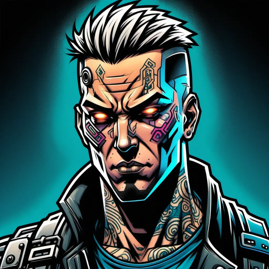 inked color comic art style close up two thirds portrait of cyberpunk criminal enforcer