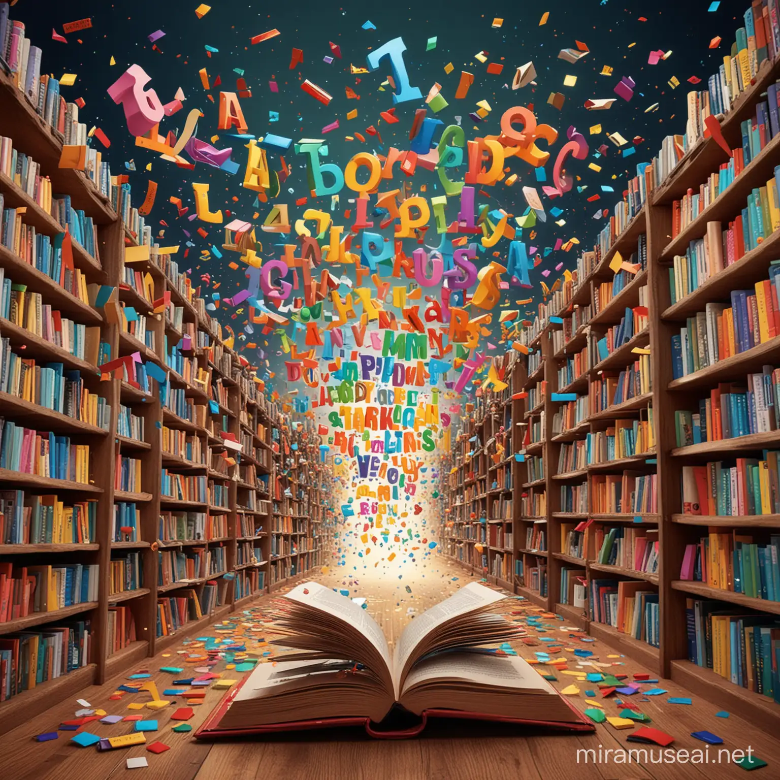 Renkli kelimelerin, harflerin, cümlelerin havada uçuştuğu, rengarenk bir kitap kütüphanede rengarenk bir dekoru olan canlı çarpıcı etkileyici renkleri olan bir kitap ve üzerincde renkli harfler uçuşan bir illustratör ffotoğraf