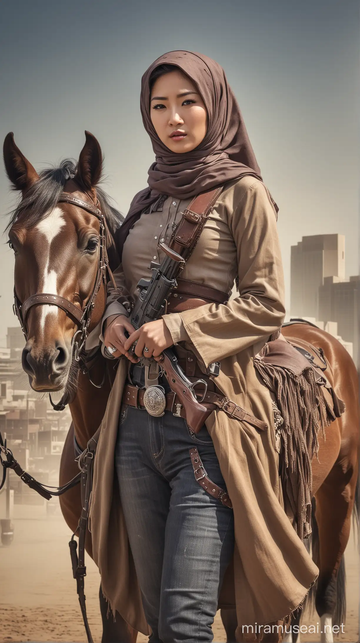 Korean Cowgirl with Dual Shotguns Poses by Horse in Texas Cityscape
