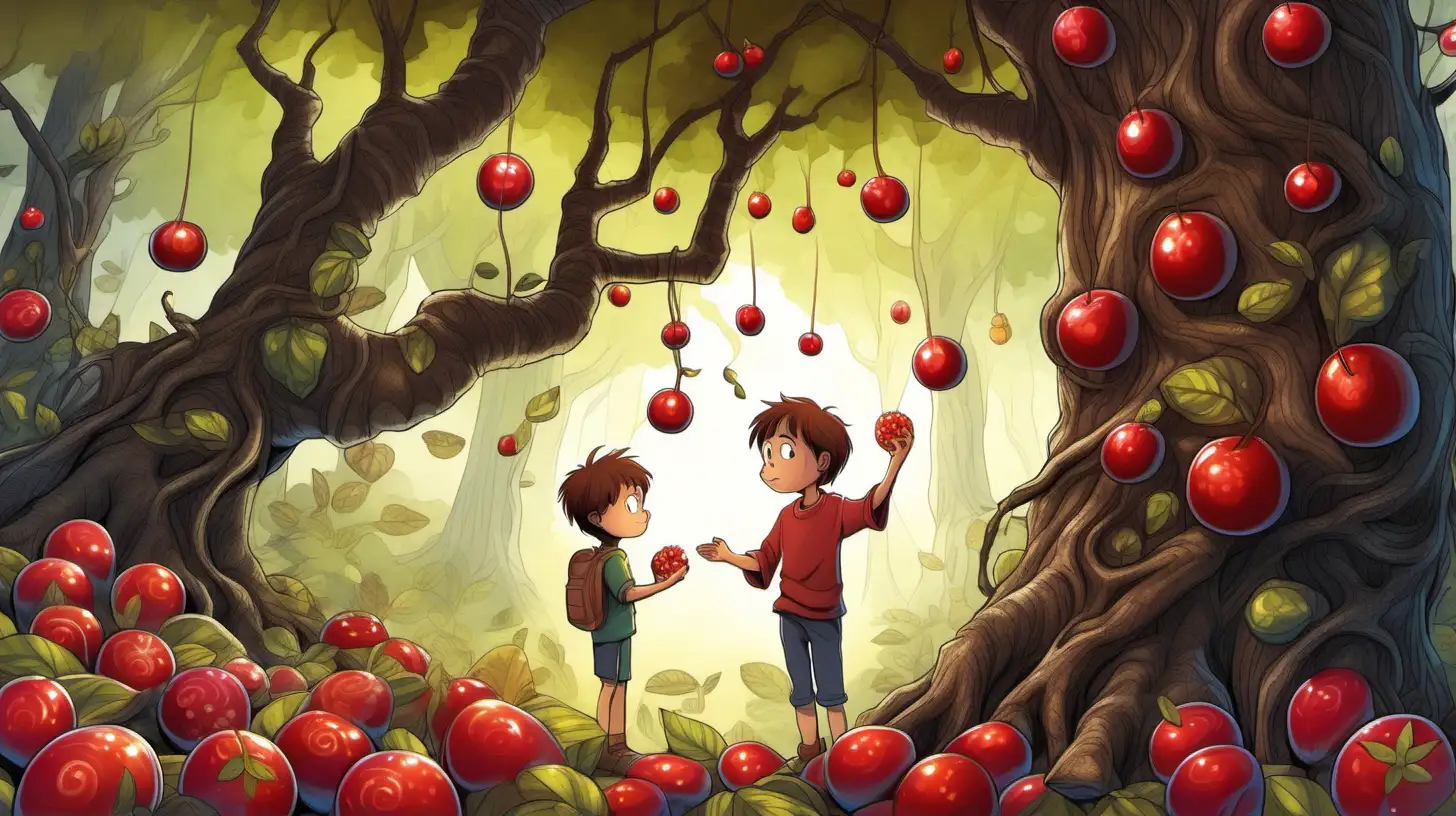 Enchanted Forest BrownHaired Boy Stands by Candy Fruit Tree
