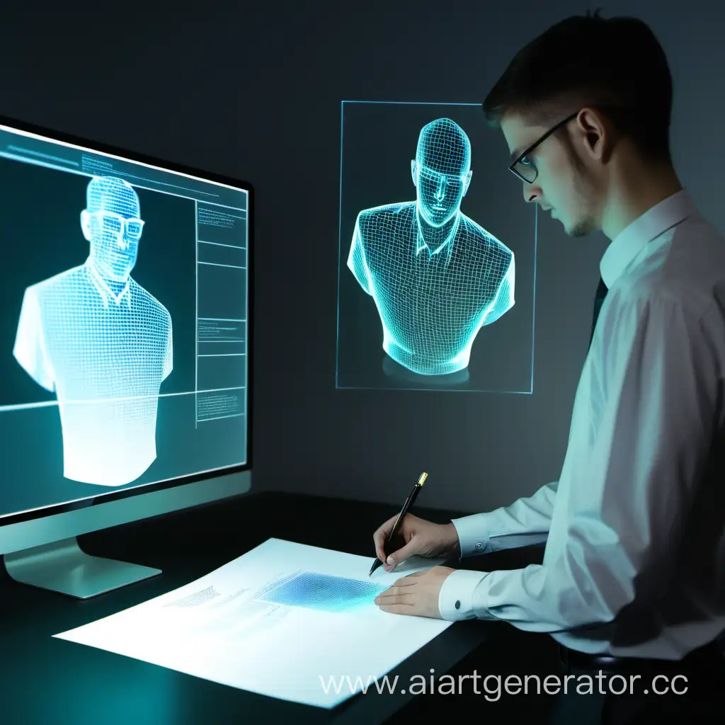 Employee-Studying-Holograms-of-Documents-for-Advanced-Research