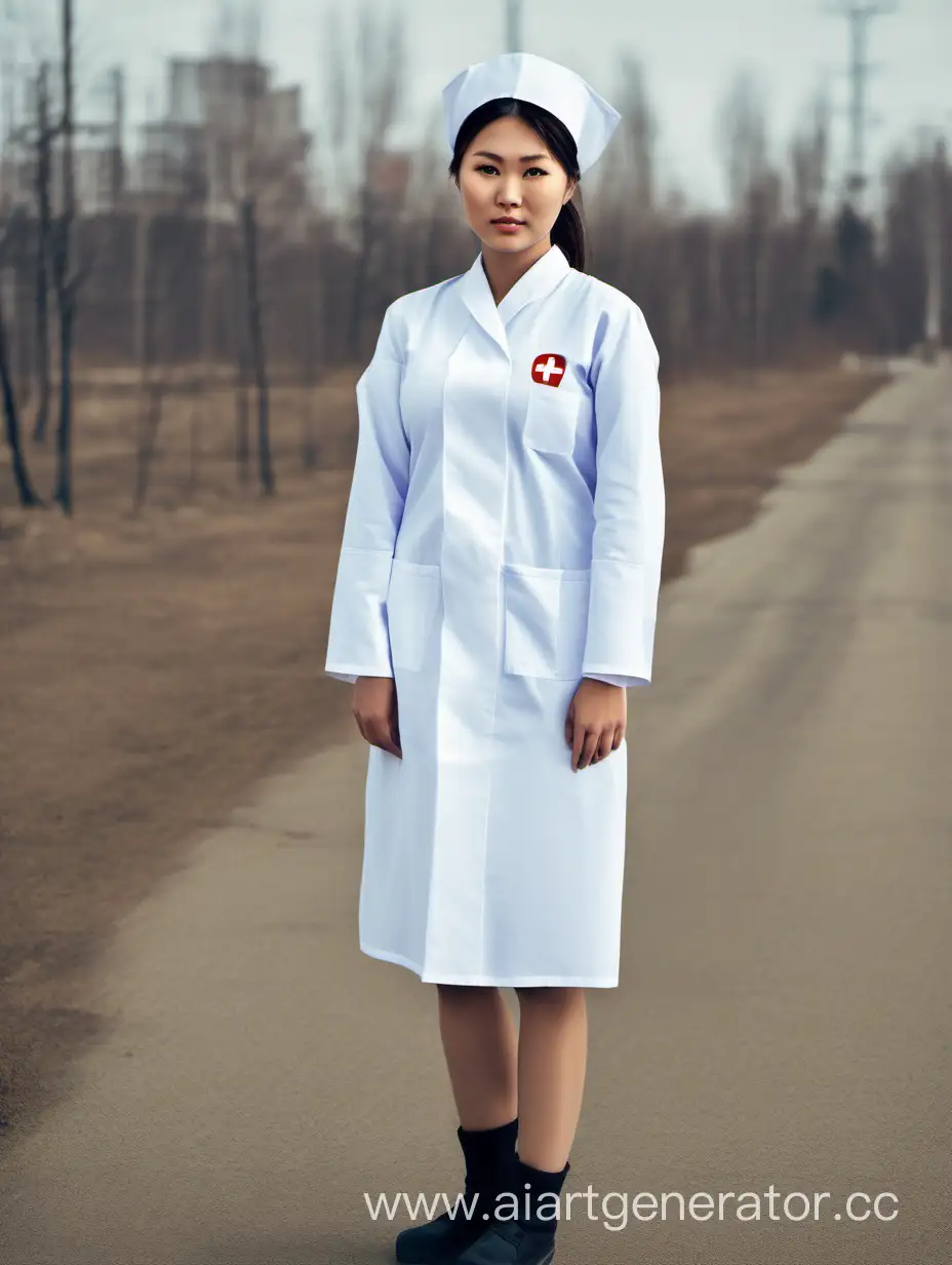 Молодая бурятская медсестра с голыми ногами и длинными рукавами, полный рост