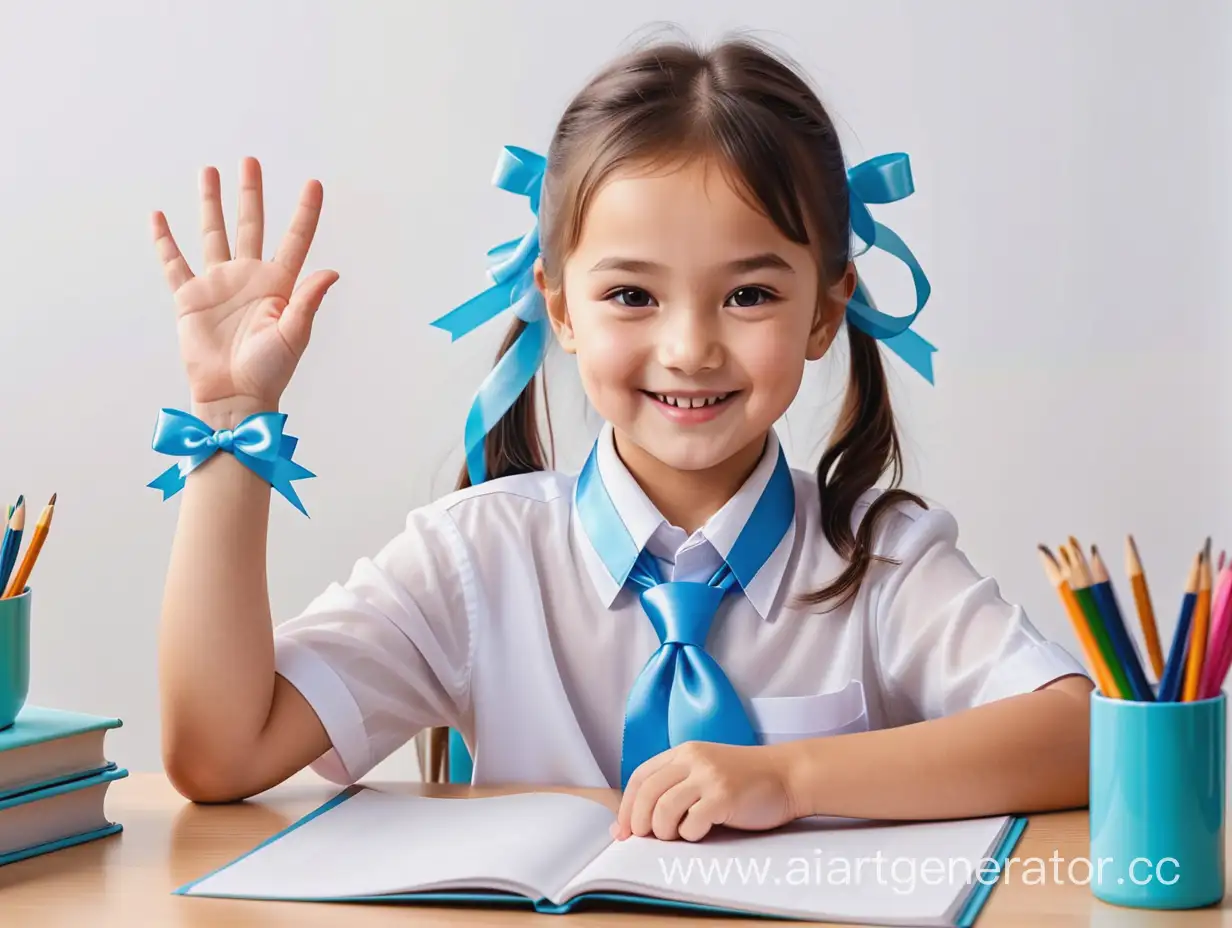 Cheerful-1st-Grade-Student-in-Kazakhstan-Smiling-at-Desk-with-Raised-Hand