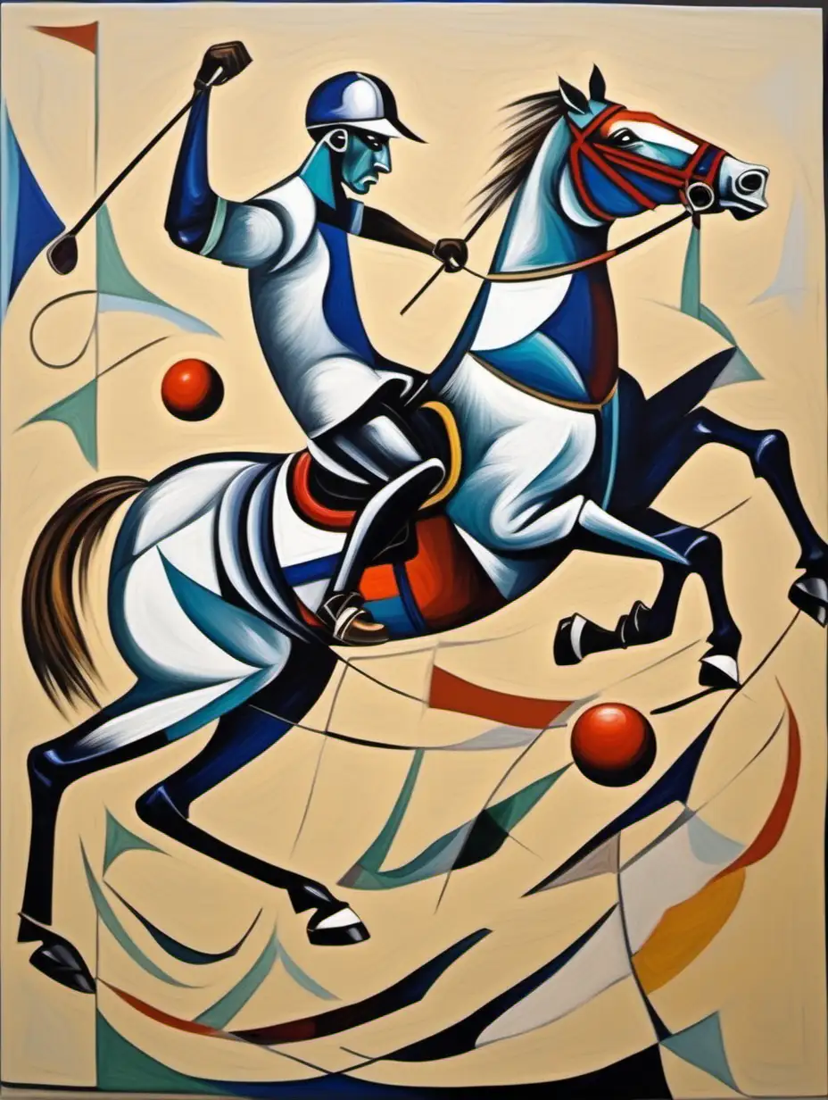 Peinture d'un joueur de polo a cheval cabré, qui frappe la balle style art moderne inspiré de Pablo picasso et buffet