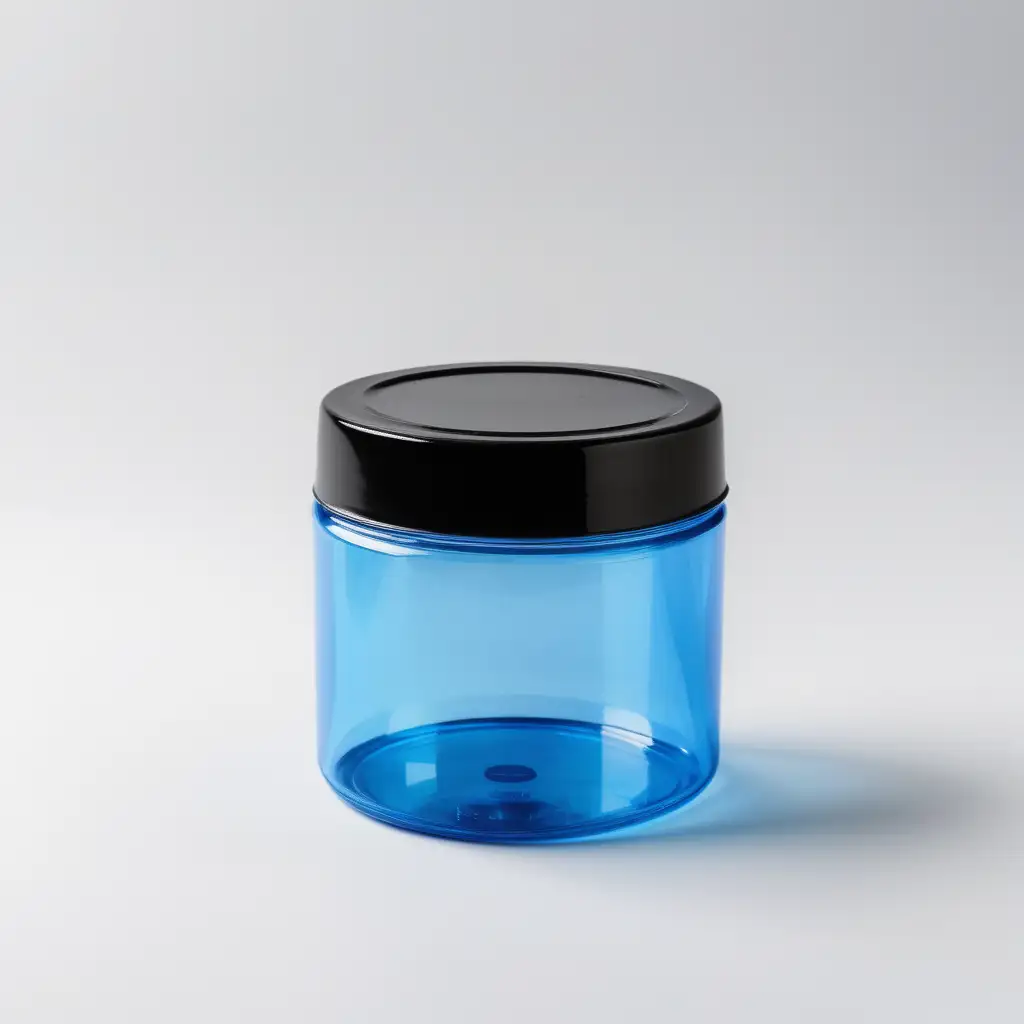 transparent blue plastic jar with a black lid