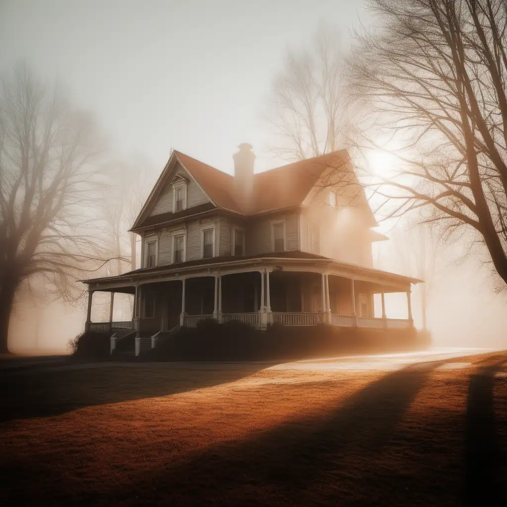 kühles bild von Haus im Nebel. helles Sonnenlicht mit warmen tönen