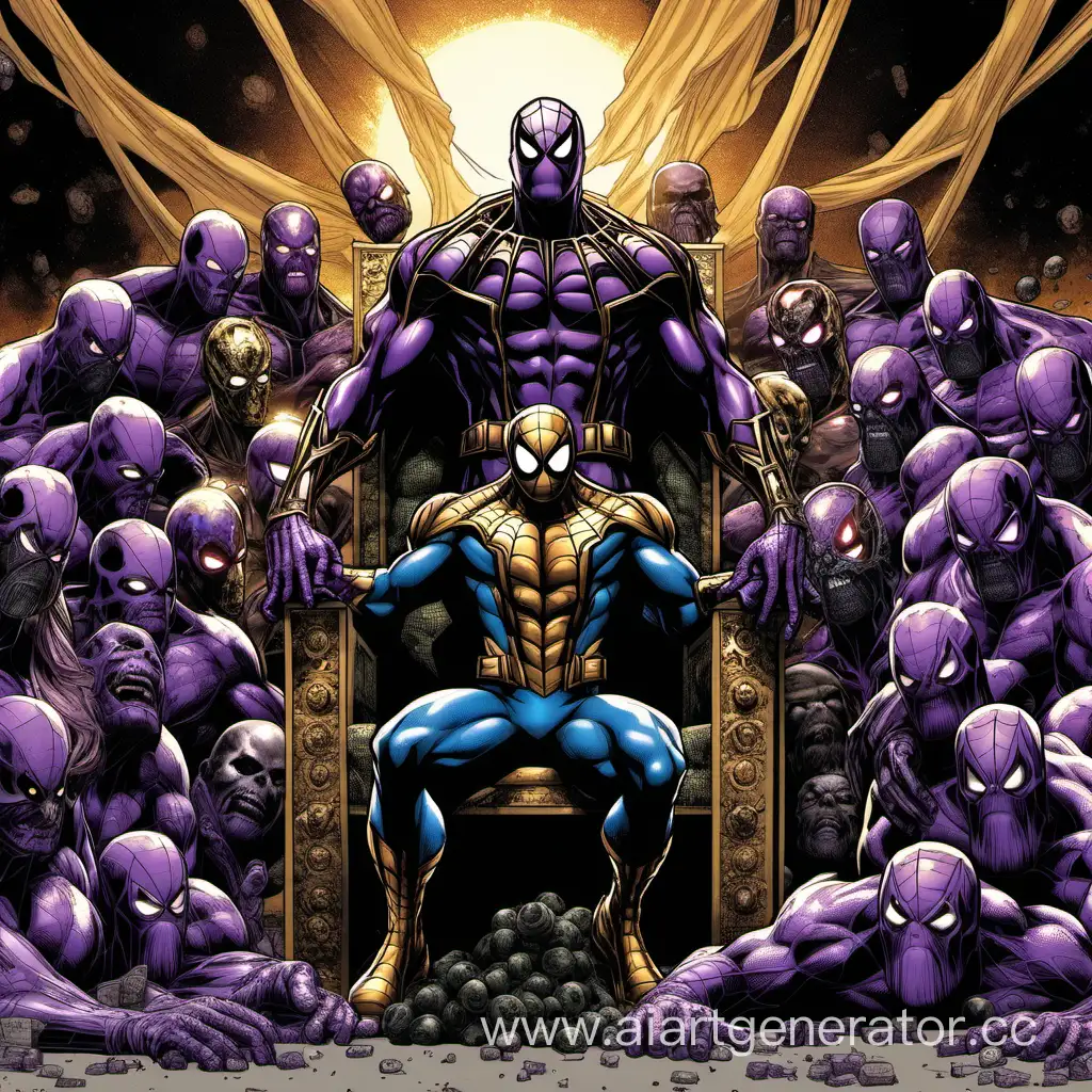 Человек паук на троне а Танос Смерть и Бог поклоняются ему.