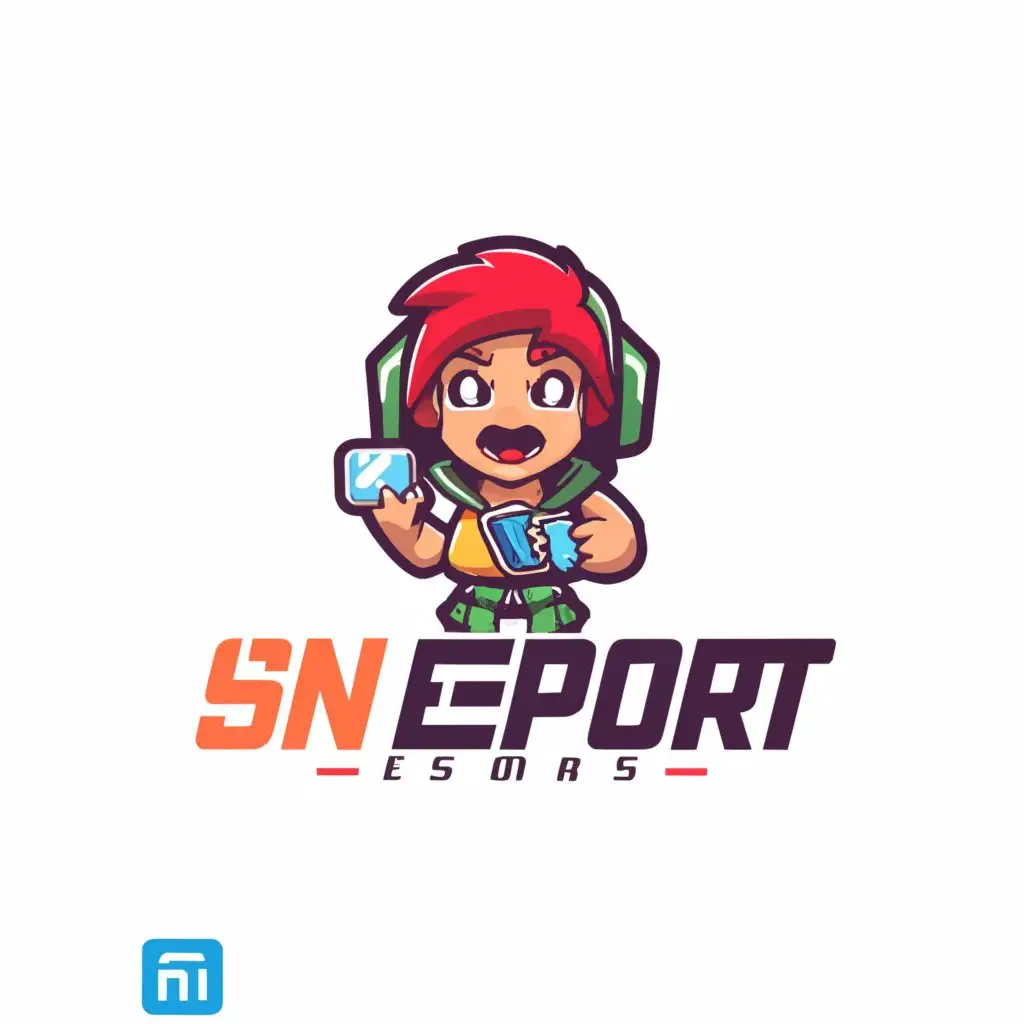 a logo design,with the text "SN Esport", main symbol:A character from the game Brawl Stars holds a phone in his hands,Minimalistic,clear background