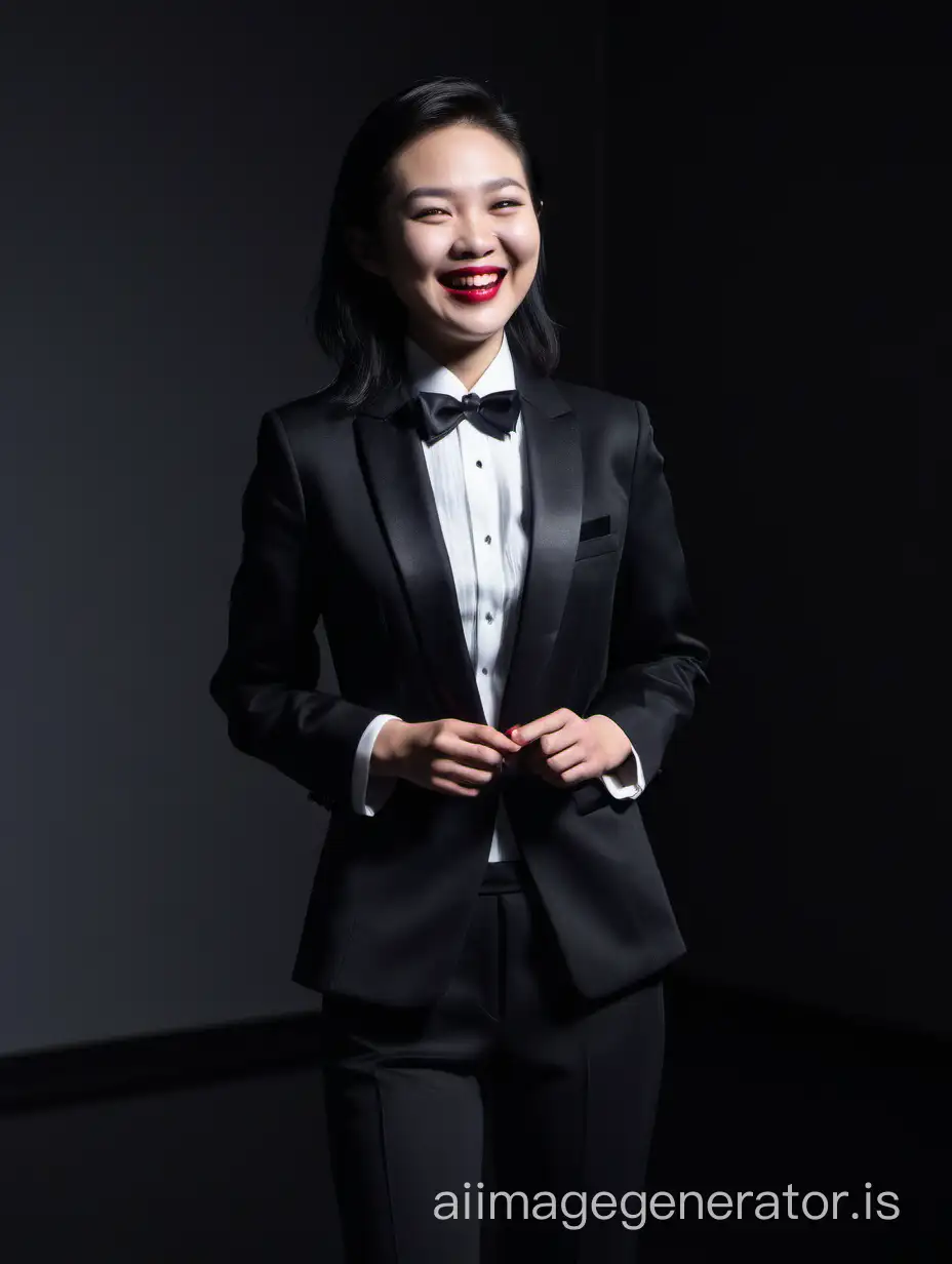 Elegant Chinese Woman In Tuxedo Jacket Smiling In Dimly Lit Room 