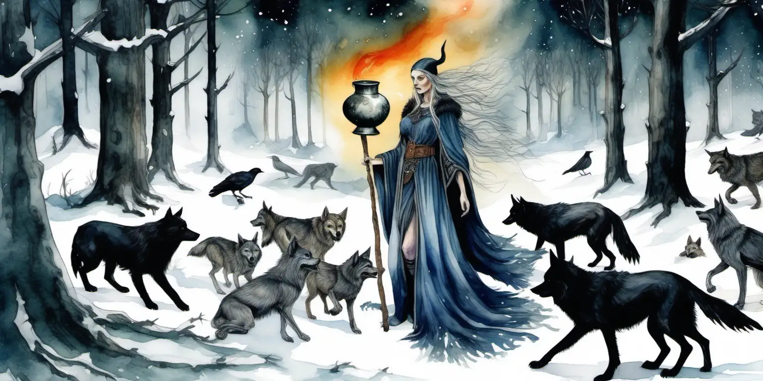 a water colour painting of a viking sorceress , there is a raven flying she is in an ancient pine tree forest with  6 silver wolves around her in the snow,  She has a cauldron on the fire