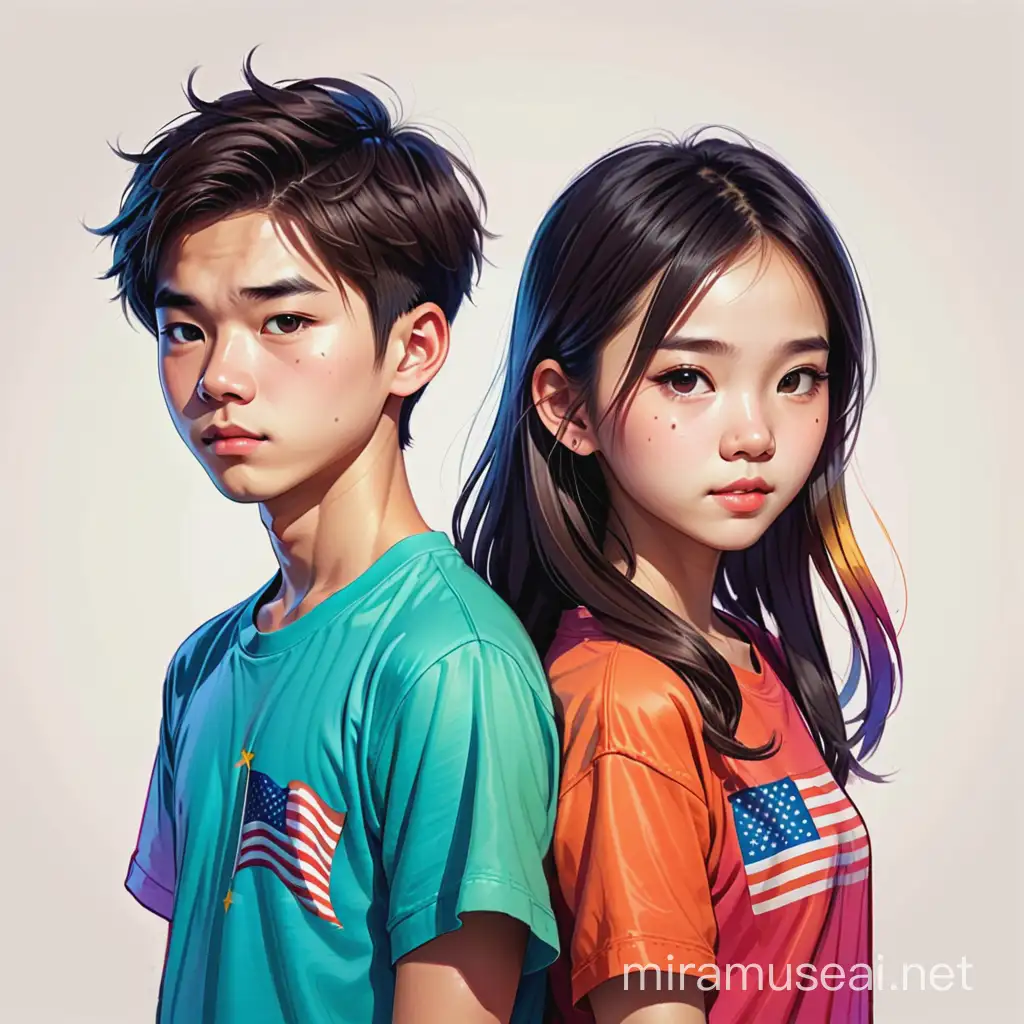 American Chinese teenagers 1 boy 1 girl torn between American and Chinese identity in colorful sketch style