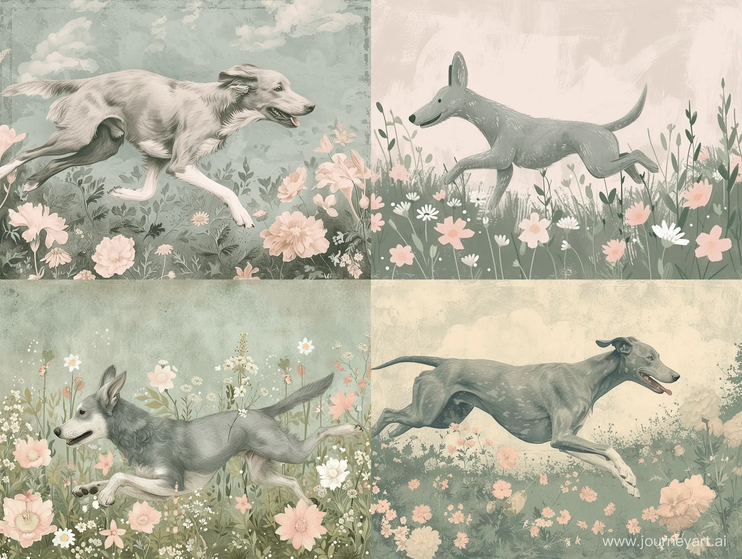 a gray dog running in the field full of flowers, in style of old  illustration, colours: grayish-pastel green, light pink, pinkish-white