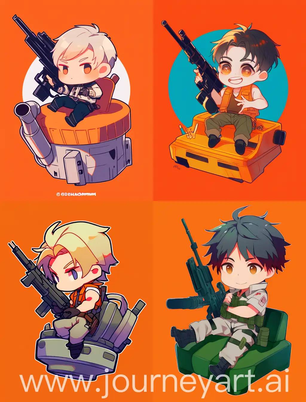 Chibi-Anime-Guy-with-Gun-atop-Tank-on-Orange-Background