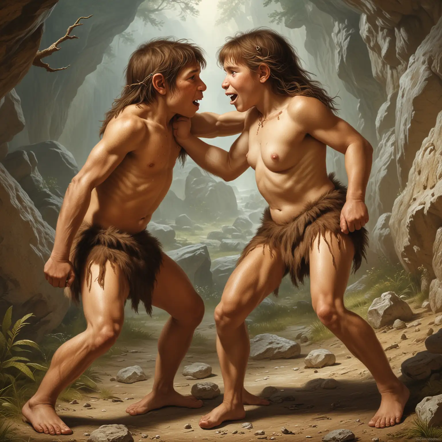 a Neanderthal boy and girl mating