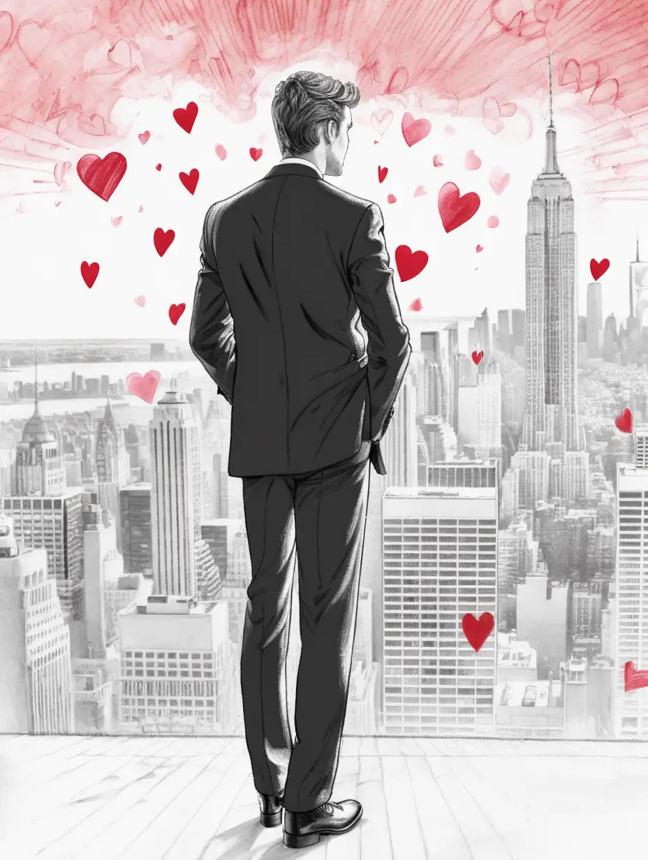 Subject: One masculine guy, wearing a designer suit, shot from the back. Setting/Background: sketches of red hearts on the very subtle lightly sketched background of the NYC skyline.
Style/Coloring: The sketching style is minimal, mostly monochrome with just a little red and pink coloring. The use of red and pink promotes a positive and uplifting vibe, emphasizing the humorous romantic appeal of the picture. 
Action/Items: The guy has his hands in his pockets.
Costume/Appearance: He is dressed in formal wear. His face is seen in the picture.
