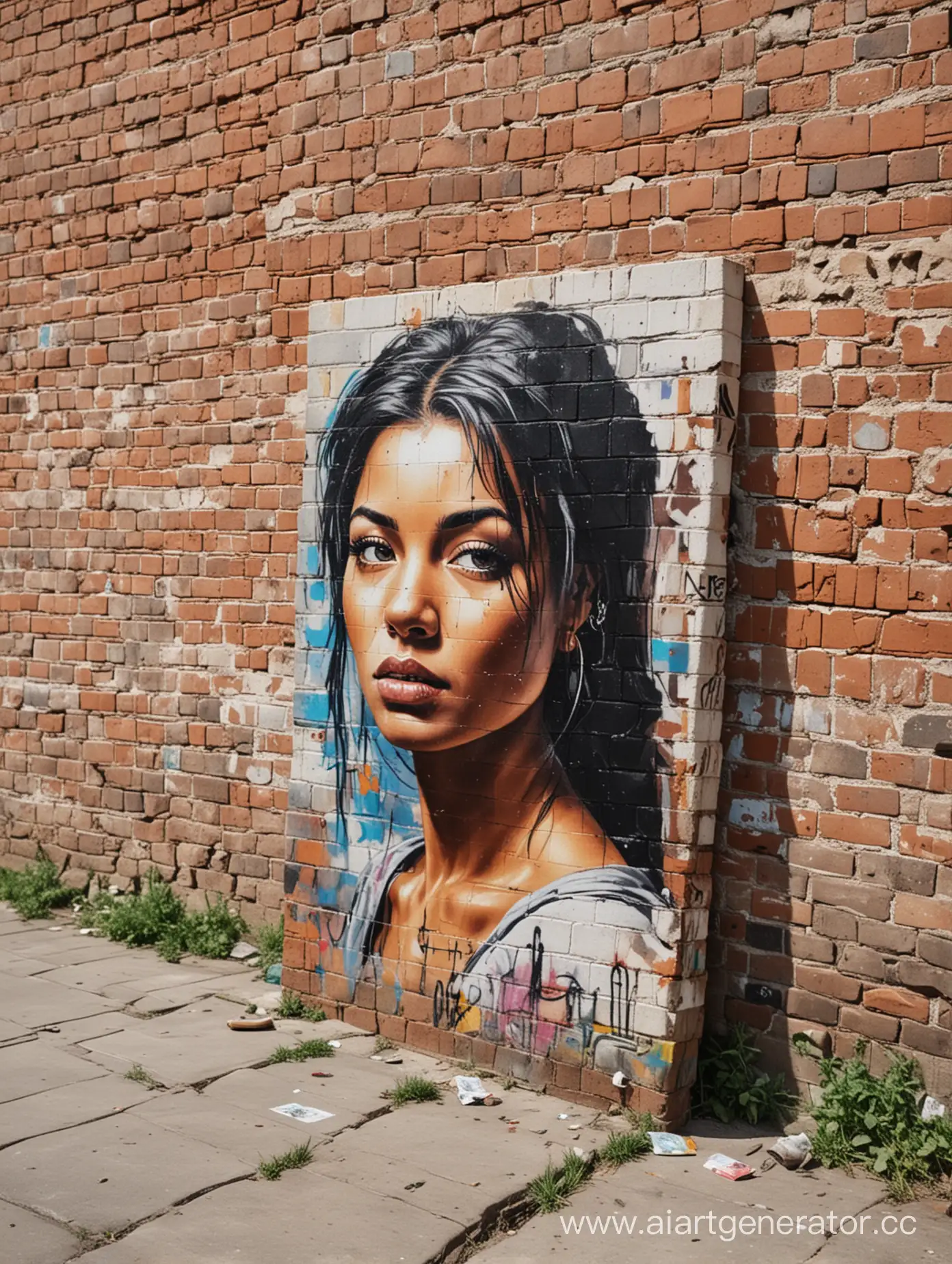 The portrait on canvas stands on the ground, leaning against a brick wall.
The wall is all painted with graffiti. In the park.