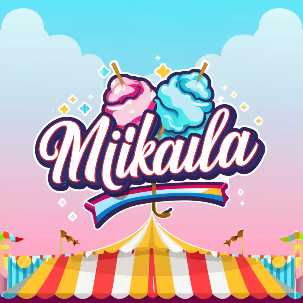 a logo design,with the text "mikayla", main symbol:cotton candy and A candy apple
infront of a carnival
,complex,clear background