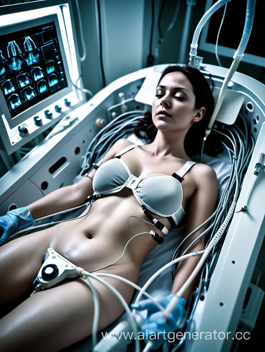 An adult woman lying down in a sleek, futuristic medical chamber. She is of average attractiveness, with white skin that contrasts sharply against the sterile steel of the chamber. Numerous heart monitor electrodes are placed on her chest and breasts, connected by wires that disappear into the chamber's ceiling. The woman wears an underwire bra. Sensors adorn various parts of her body, from her fingers to her toes, monitoring her vital signs with precision. A clear hose runs from her groin area to a nearby drainage system, indicating that it's been placed there to drain any fluids that may accumulate in that area.