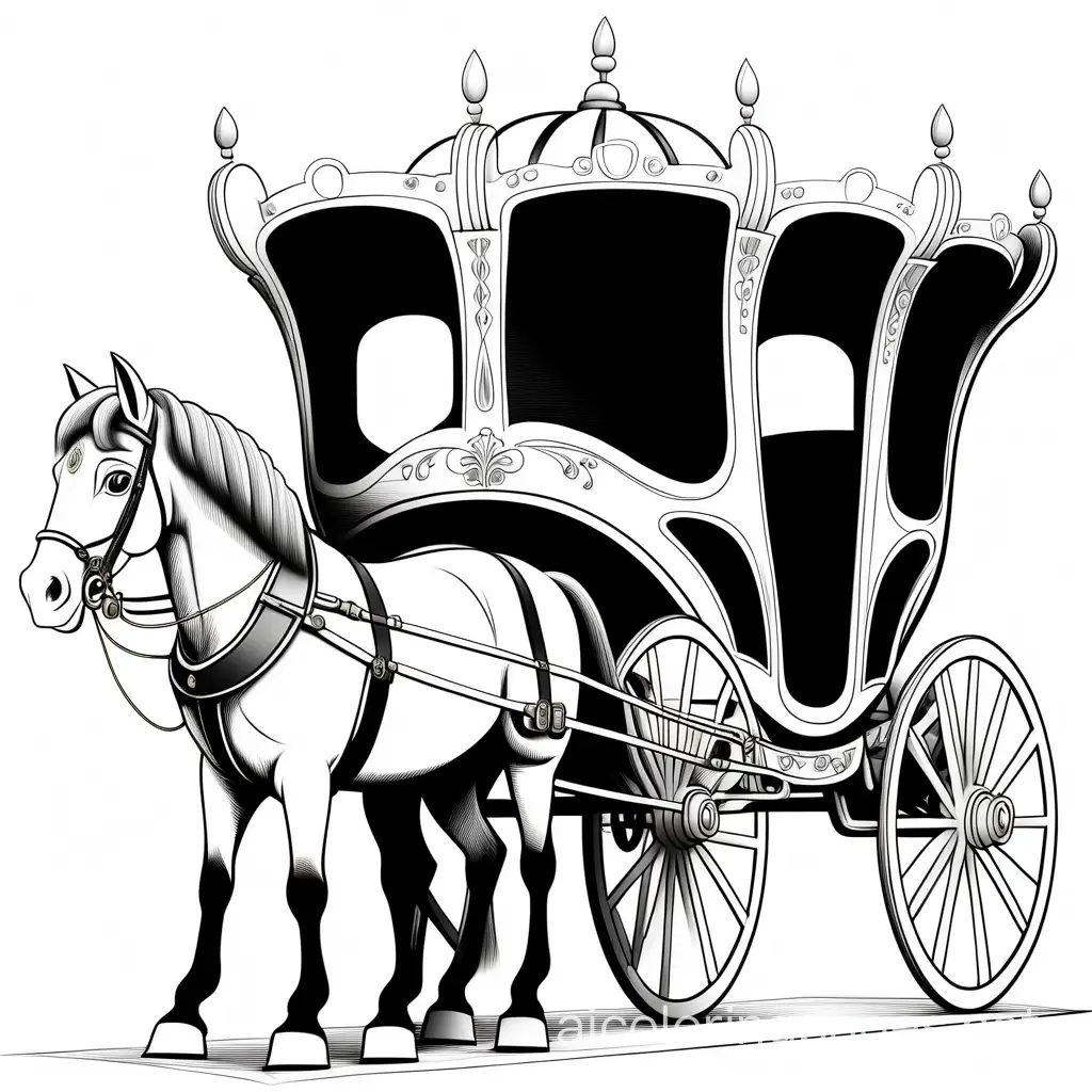 An old royal carriage drawing by 4 horses from the side, Coloring Page, black and white, line art, white background, Simplicity, Ample White Space. The background of the coloring page is plain white to make it easy for young children to color within the lines. The outlines of all the subjects are easy to distinguish, making it simple for kids to color without too much difficulty