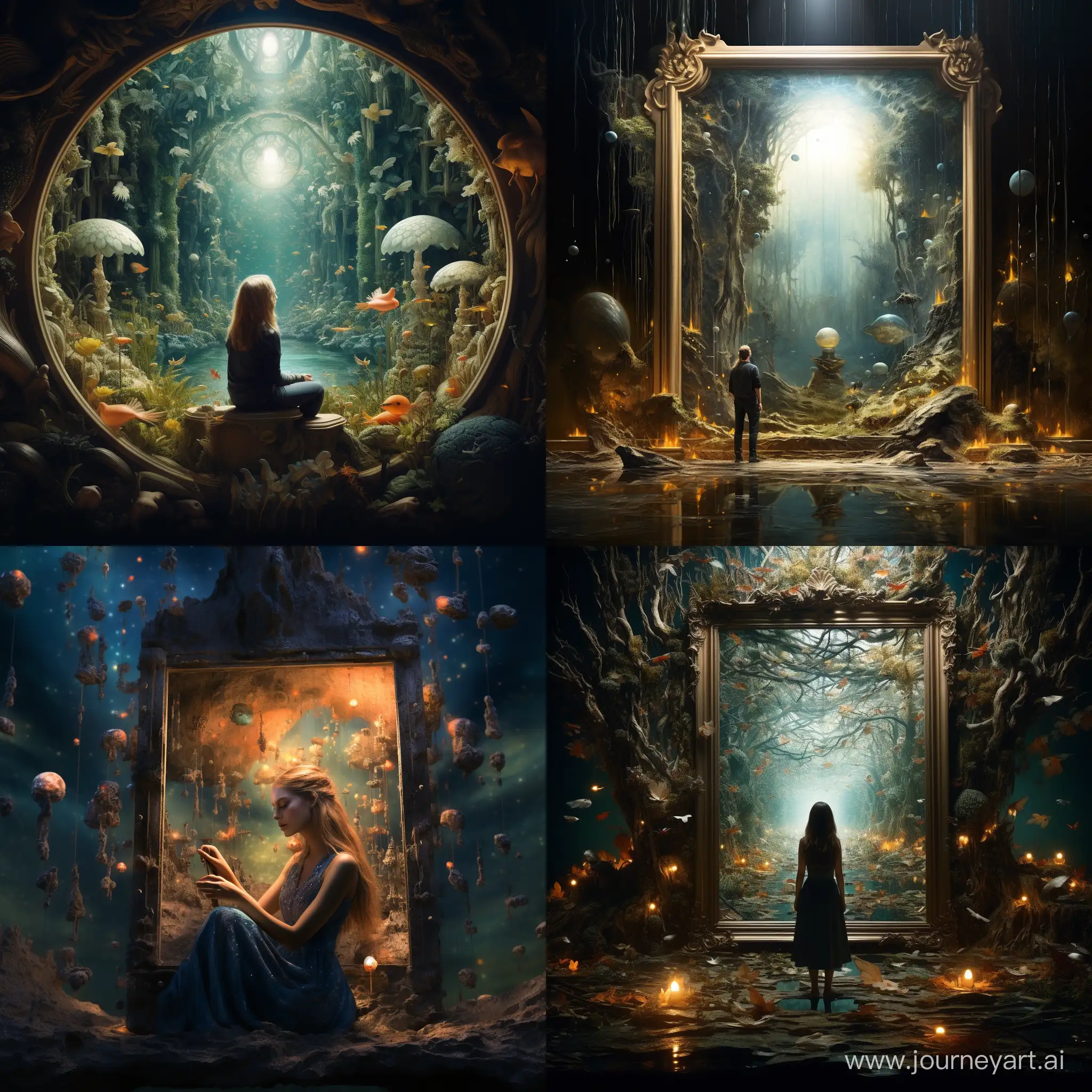 meditates in magic mirrors, on background mystical art