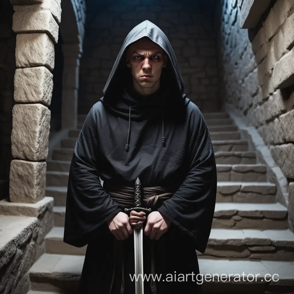 Серьезный Монах в черном балахоне с коротким мечем стоит в каменной комнате на лестнице с ухмылкой на лице