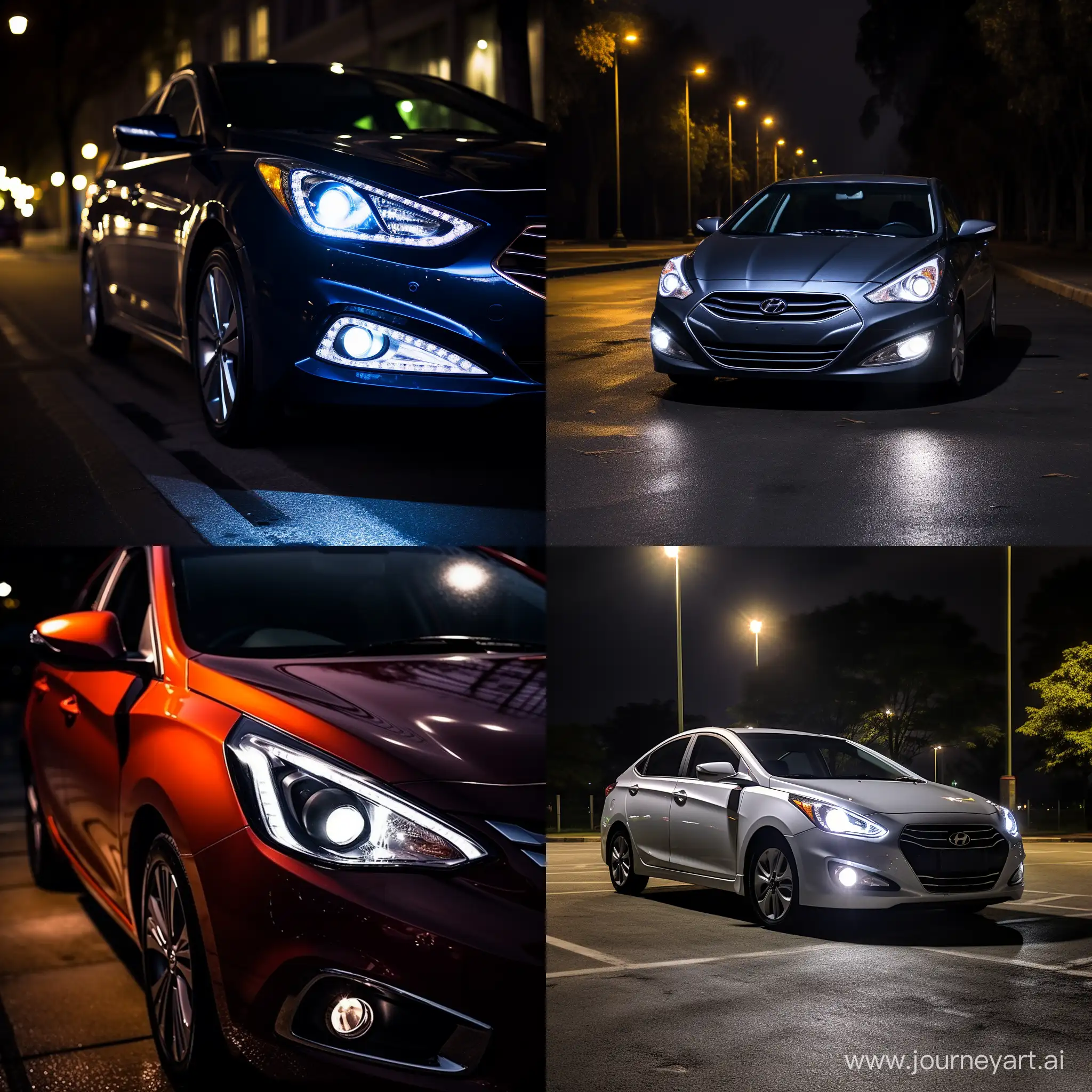 analog photo, a car Hyundai Solaris model 2012, front side, the night, right headlamp is halogen, left headlamp is  LED lamp which is brighter and clearer than right lamp.