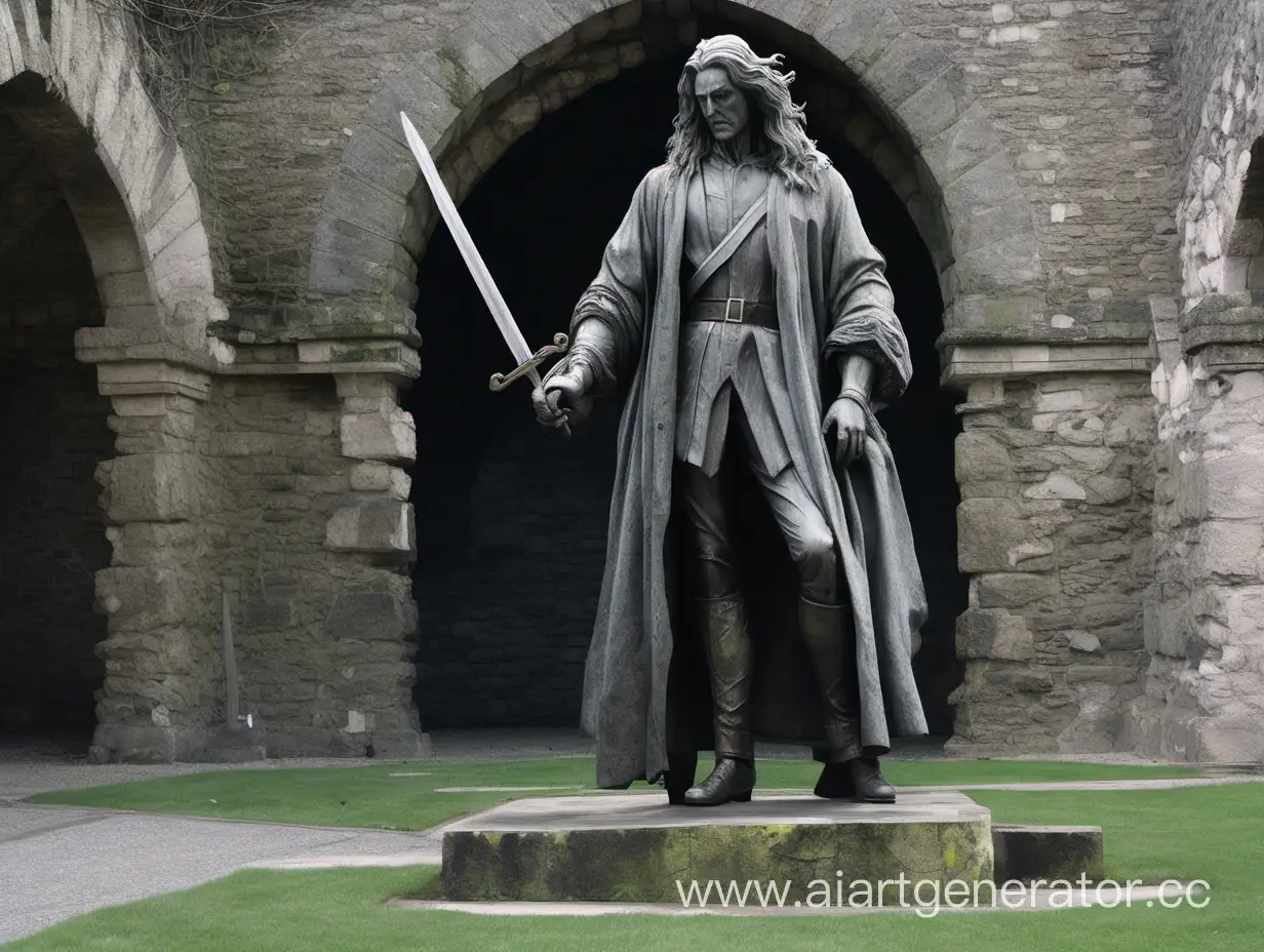Огромная статуя мужчины с длинными волосами во дворе разрушенного замка, одетая в пальто и брюки, с мечом в руках.