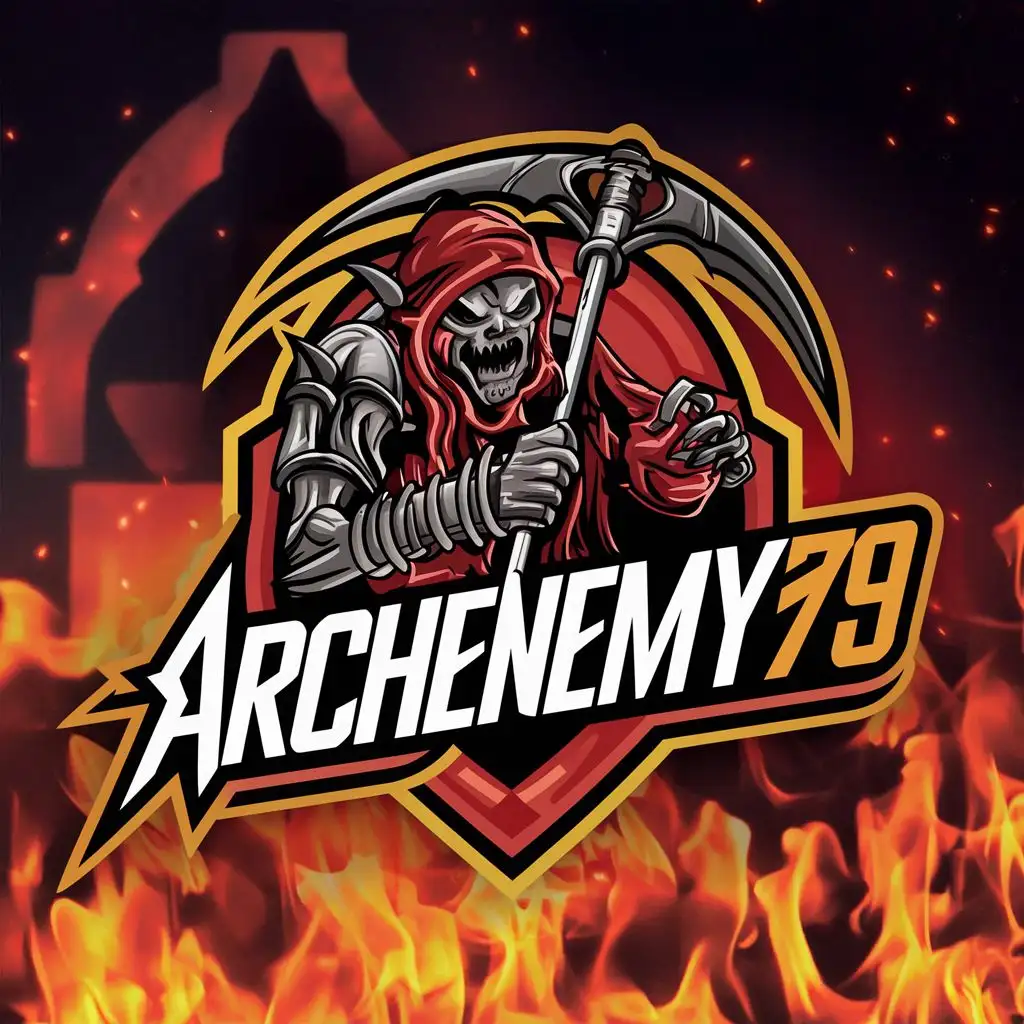logo, Demon, reaper, fire background, with the text "ArchEnemy79", typography, be used in Entertainment industry